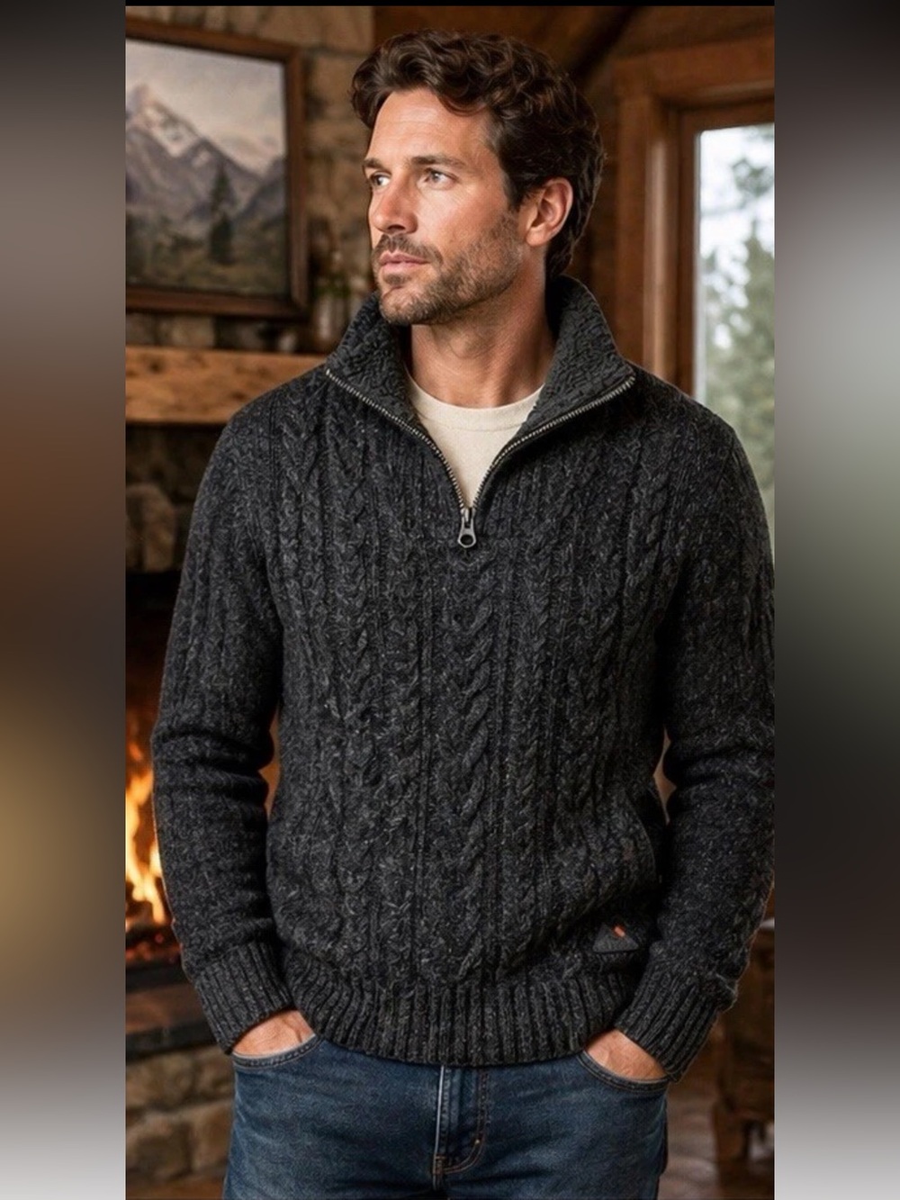 C&A XL Wool Blend Cable Fisherman 1/4 Zip Sweater Sherpa Collar Outdoor Gorpcore